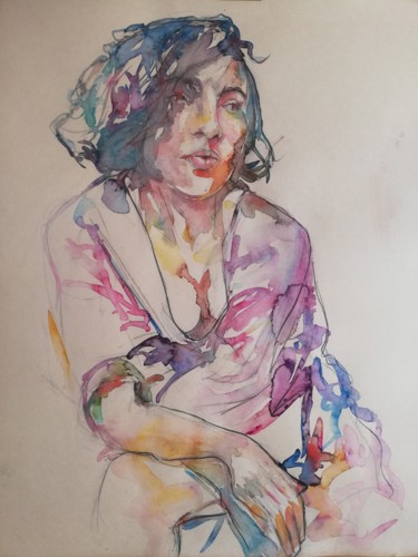 Painting titled "rèveuse artistsuppo…" by Michel Pitxu, Original Artwork, Watercolor