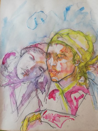 Schilderij getiteld "amies,amis,amitié,a…" door Michel Pitxu, Origineel Kunstwerk, Aquarel