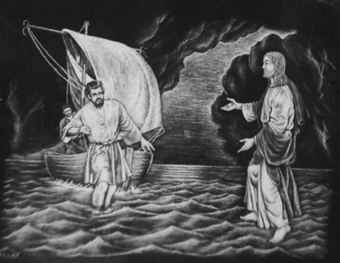 Le Christ marchant sur les eaux du lac de Tibériade Printmaking titled "Le Christ marchant…" by Michel Robardet, Original Art, Engraving