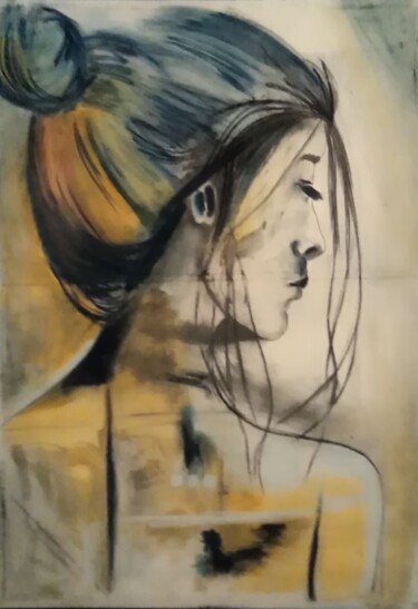 Drawing titled "asie" by Michel Ruelle (Aéro), Original Artwork, Charcoal Mounted on Wood Stretcher frame