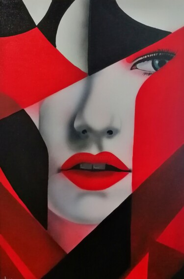 Schilderij getiteld "Black and red" door Michel Ruelle (Aéro), Origineel Kunstwerk, Acryl Gemonteerd op Frame voor houten br…