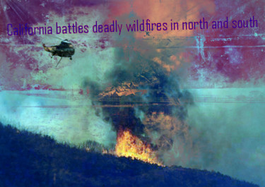Druckgrafik mit dem Titel "California battles…" von Michel Tabanou, Original-Kunstwerk, Digitaldruck
