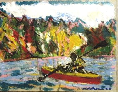 Painting titled "canoë on the Lake,…" by Michel Tabanou, Original Artwork, Acrylic