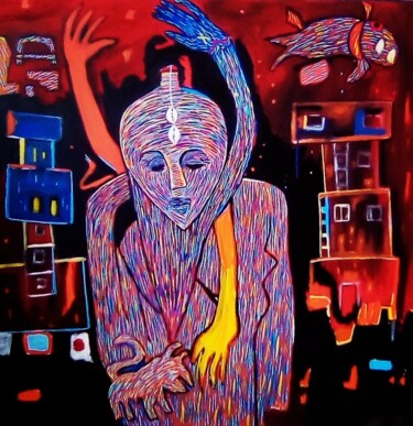 Schilderij getiteld "Un esprit protège l…" door Michel Taiwo, Origineel Kunstwerk, Acryl