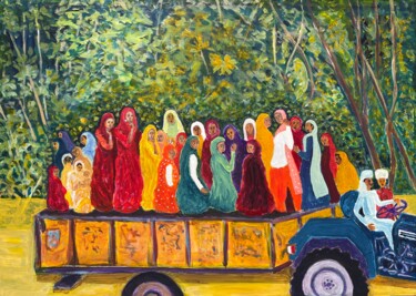 Painting titled "Rajasthani women on…" by Michel Testard, Original Artwork, Acrylic Mounted on Wood Stretcher frame