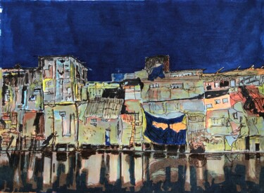 Peinture intitulée "Daravhi slum" par Michel Testard, Œuvre d'art originale, Marqueur