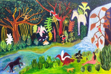 Painting titled "Indian jungle: flut…" by Michel Testard, Original Artwork, Acrylic Mounted on Wood Stretcher frame