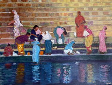 Peinture intitulée "Women on Benares gh…" par Michel Testard, Œuvre d'art originale, Acrylique Monté sur Châssis en bois