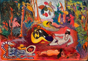 Peinture intitulée "Picnic in the jungl…" par Michel Testard, Œuvre d'art originale, Acrylique Monté sur Panneau de bois