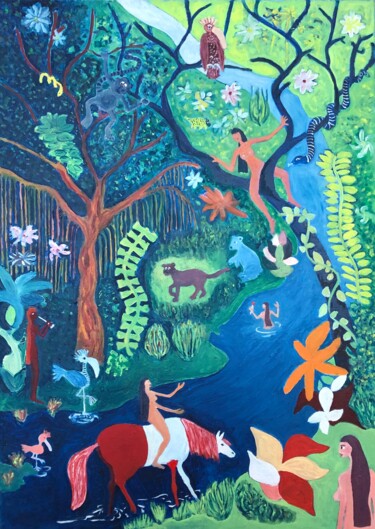 Картина под названием "Indian Jungle, priv…" - Michel Testard, Подлинное произведение искусства, Масло Установлен на Деревян…