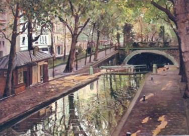 Painting titled "Ecluse du canal St…" by Mth, Original Artwork, Oil Mounted on Wood Stretcher frame