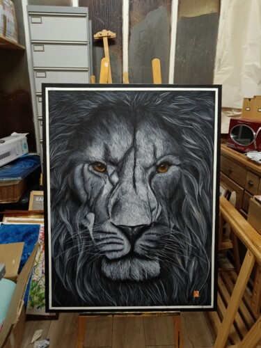 Painting titled "Simba" by Michel Uderso, Original Artwork, Acrylic Mounted on Wood Stretcher frame