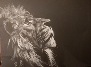 Disegno intitolato "lion sur fond noir" da Michel Uderso, Opera d'arte originale