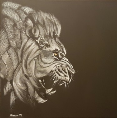 Disegno intitolato "lion n°2 fond noir" da Michel Uderso, Opera d'arte originale