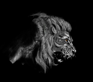 Digital Arts titled "Lion colère fond no…" by Michel Uderso, Original Artwork