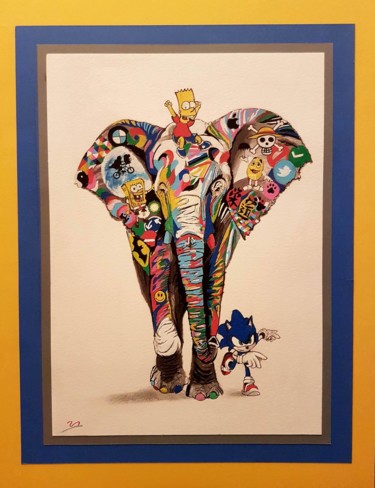 Drawing titled "Eléphant & Cie" by Michel Uderso, Original Artwork