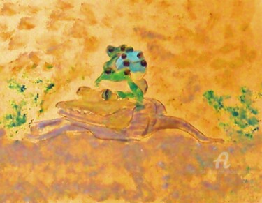 Painting titled "Five Frogs and a Cr…" by Michela Curtis, Original Artwork, Oil