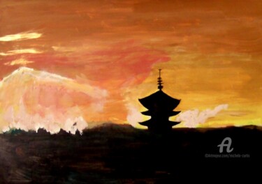 Painting titled "The Temple At Sunset" by Michela Curtis, Original Artwork, Oil Mounted on Other rigid panel