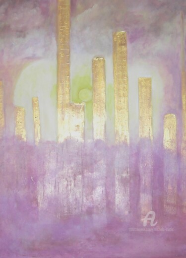 Painting titled "A City in Gold" by Michela Curtis, Original Artwork, Oil Mounted on Other rigid panel
