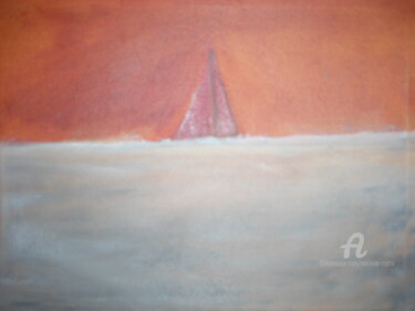 Painting titled "Sailboat at Dusk" by Michela Curtis, Original Artwork, Oil Mounted on Wood Stretcher frame