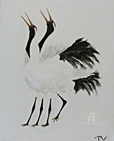 Schilderij getiteld "Golden-beaked Cranes" door Michela Curtis, Origineel Kunstwerk, Olie