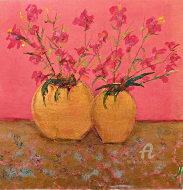 Painting titled "Red Blooms in Golde…" by Michela Curtis, Original Artwork, Acrylic Mounted on Other rigid panel