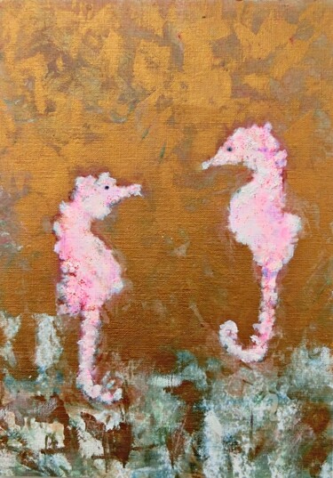Painting titled "Seahorses" by Michela Curtis, Original Artwork, Acrylic Mounted on Other rigid panel