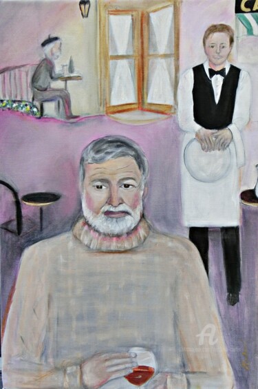 Painting titled "Hemingway in Paris" by Michela Curtis, Original Artwork, Oil Mounted on Other rigid panel