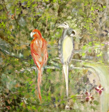 Ζωγραφική με τίτλο "Brazilian Parrots" από Michela Curtis, Αυθεντικά έργα τέχνης, Λάδι Τοποθετήθηκε στο Άλλος άκαμπτος πίνακ…