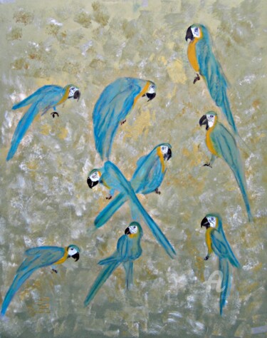 Painting titled "Golden Blue Macaws" by Michela Curtis, Original Artwork, Oil Mounted on Other rigid panel