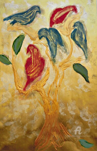 Ζωγραφική με τίτλο "In a Tree of Gold" από Michela Curtis, Αυθεντικά έργα τέχνης, Λάδι Τοποθετήθηκε στο Άλλος άκαμπτος πίνακ…