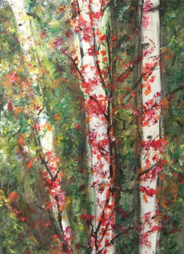Painting titled "White Birch in Fall" by Michela Curtis, Original Artwork, Oil
