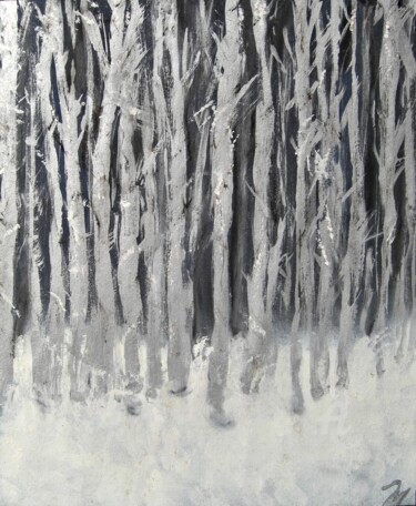 Painting titled "Silver Trees in Moo…" by Michela Curtis, Original Artwork, Oil Mounted on Other rigid panel