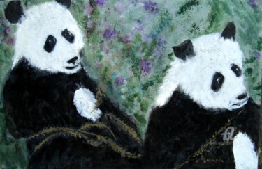 Painting titled "Pandas with Golden…" by Michela Curtis, Original Artwork, Acrylic