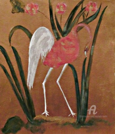 Painting titled "The Oriental Crane" by Michela Curtis, Original Artwork, Acrylic Mounted on Other rigid panel