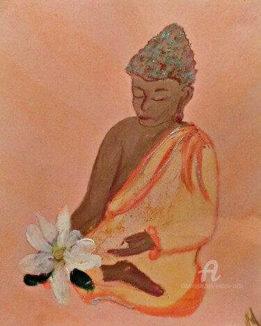 Painting titled "Buddha and The Lotus" by Michela Curtis, Original Artwork, Acrylic Mounted on Other rigid panel