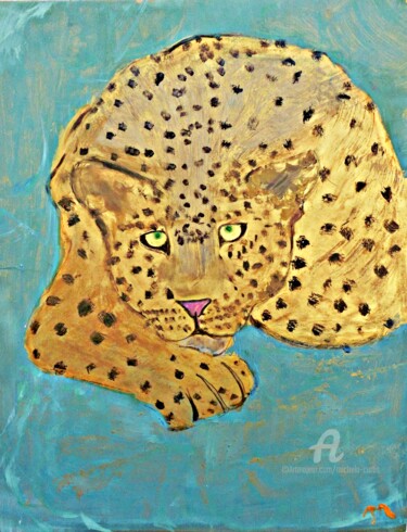 Painting titled "Leopard in Repose" by Michela Curtis, Original Artwork, Acrylic Mounted on Other rigid panel