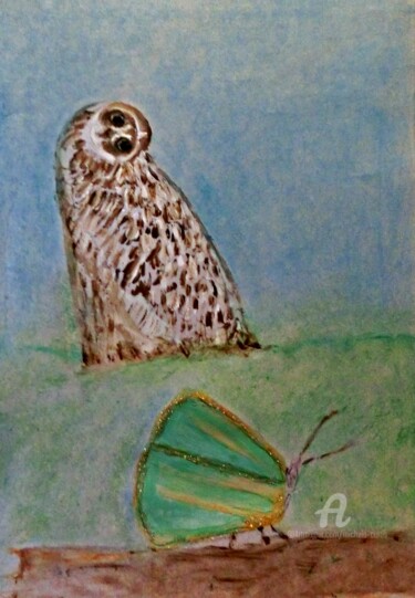Painting titled "The Owl and The But…" by Michela Curtis, Original Artwork, Acrylic