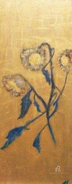 Painting titled "Sunflowers On Wood" by Michela Curtis, Original Artwork, Oil Mounted on Other rigid panel