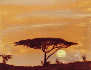 Painting titled "The Acacia Tree" by Michela Curtis, Original Artwork, Oil Mounted on Other rigid panel