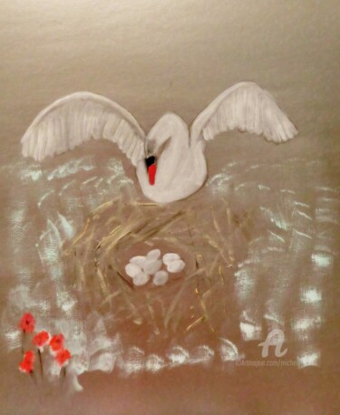 Painting titled "Poppies and the Swan" by Michela Curtis, Original Artwork, Oil