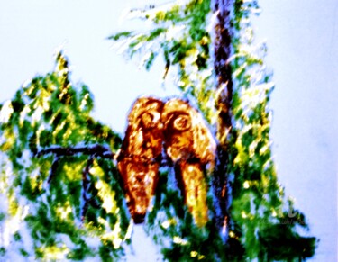 Painting titled "Great Grey Owls" by Michela Curtis, Original Artwork, Oil