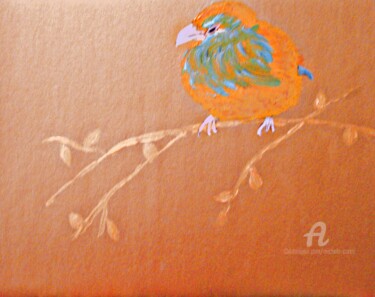 Painting titled "Bird on a Golden Tr…" by Michela Curtis, Original Artwork, Oil