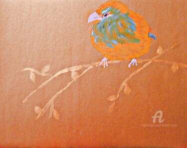 Malerei mit dem Titel "Bird on a Golden Tr…" von Michela Curtis, Original-Kunstwerk, Öl