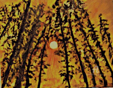 Painting titled "A Forest Near Sunset" by Michela Curtis, Original Artwork, Oil Mounted on Other rigid panel