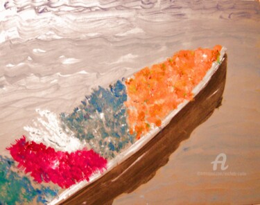 Painting titled "Flower Boat" by Michela Curtis, Original Artwork, Oil