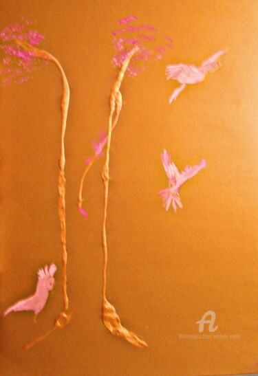 Pintura titulada "Parrots in the Gold…" por Michela Curtis, Obra de arte original, Oleo Montado en Otro panel rígido