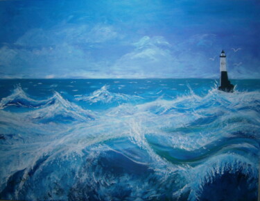 Peinture intitulée "Mer agitée au phare" par Michela Poulin, Œuvre d'art originale, Acrylique Monté sur Panneau de bois