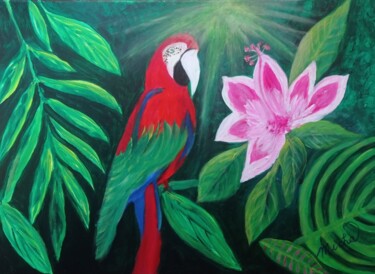 Peinture intitulée "Perroquet rouge" par Michela Poulin, Œuvre d'art originale, Acrylique