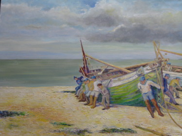 Painting titled "Départ à la pêche" by Michel Adam, Original Artwork
